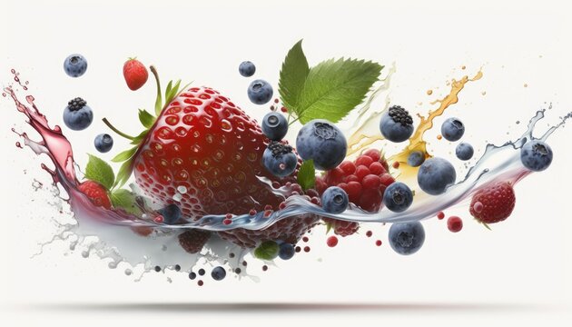 Mix, frutta, fragole, mirtilli,  che cadono in un liquido su uno sfondo bianco. created with AI