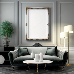 Modern living room decor interior with couch. Empty portrait picture frame on a gray wall. 