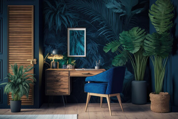 Fototapeta na wymiar Modern interior bedroom with tropical plant wallpaper palm wood wall chair and desk in rustic luxury style and dark blue background