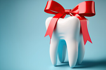 Fototapeta na wymiar concept for a dental procedure. Free dental care is available. Close up of a white teeth model with a red bow ribbon over a blue background. Generative AI