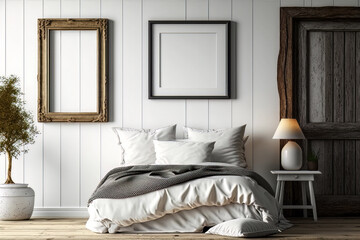 Interior of a bedroom with white shiplap walls and empty picture frames hanging above the bed. (Fictional Location. No release necessary.)