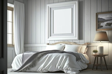 A comfortable white maritime bedroom interior picture. An empty picture frame hangs above a bed. (Fictional Location. No release necessary.)