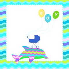 Postcard, christening, birthday invitation
 boy. Vector illustration. Postcard, newborn baby, Children's Day, pink stroller, colorful balloons