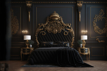 Luxury interior of a modern bedroom with black and gold design, generated by AI.