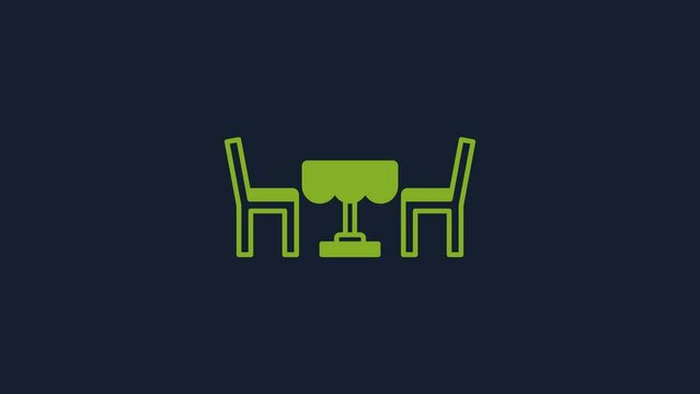 Yellow French cafe icon isolated on blue background. Street cafe. Table and chairs. 4K Video motion graphic animation