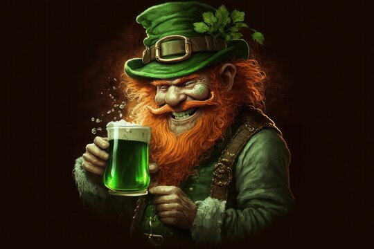 Old leprechaun holding a glass of green beer. He has a mischievous twinkle in his eye and a bushy red beard. He is wearing a green hat and green coat. The glass of beer is frothy and refreshing.