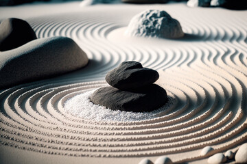 Fototapeta na wymiar Balanced tall stack of stones in white sand. Zen garden circles meditation nature beach background. Generative AI 