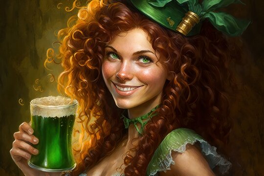 St Patrick's day. Smiling beauty leprechaun girl holding a glass of green beer. She has bright green eyes, rosy cheeks, and long curly red hair.  Green hat, green dress