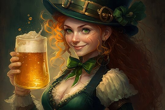 St Patrick's day. Smiling beauty leprechaun girl holding a glass of beer. She has bright green eyes, rosy cheeks, and long curly red hair.  Green hat, green dress