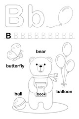 ABC for children. Letter B. Coloring page. Bear, book, butterfly, ball and balloons. Black and white illustration.