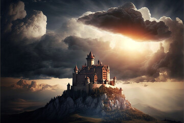 Naklejka premium Beautiful historical medieval castle with amazing sun at sunset, clouds and warm glow. Ai generated