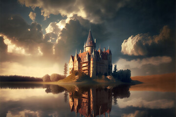 Naklejka premium Beautiful historical medieval castle with amazing sun at sunset, clouds and warm glow. Ai generated