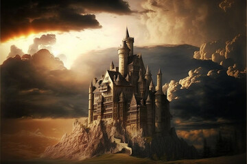 Beautiful historical medieval castle with amazing sun at sunset, clouds and warm glow. Ai generated