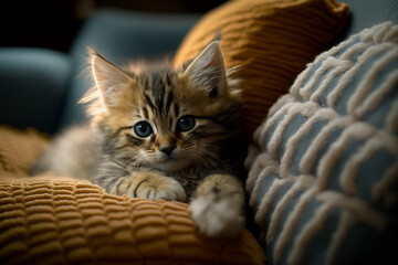 Fototapeta na wymiar Cute cat on a sofa, created by generative AI technology