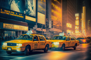 ai generated illustration of yellow cabs in american big city in the night