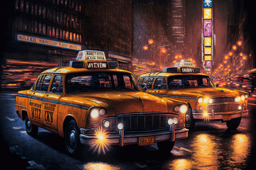 ai generated illustration of yellow cabs in american big city in the night