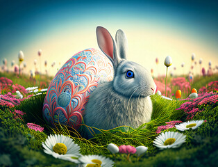 Easter bunny with daisies and easter eggs. Adorable Easter bunny with egg decoration in a flowery meadow.