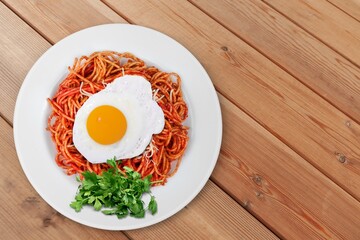Tasty fresh noodle dish with egg