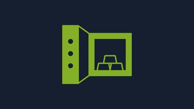 Yellow Safe with gold bars icon isolated on blue background. Precious metals on deposit in bank. Metallic treasury. Reliable data protection. 4K Video motion graphic animation