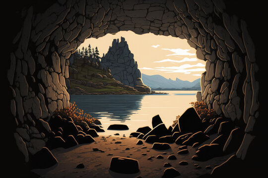 The cave entrance at Spro, Mineral's ancient mine, is a rock wall with a dark hole. Norway's Nesodden. Peninsula of Nesoddtangen. Generative AI