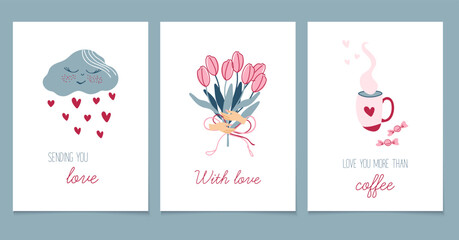 Fototapeta na wymiar Happy Valentine's Day. Cute romantic card templates. Flat style vector illustrations.