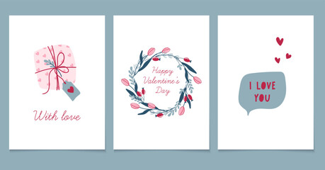 Happy Valentine's Day. Cute romantic card templates. Flat style vector illustrations. Love theme.