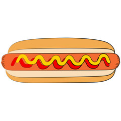 hot dog with mustard food grilled or steamed sausage served in the slit of a partially sliced bun fast food, junk food. sausage in a bun food illustration, graphic