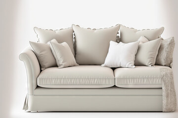 Light beige cloth sofa with three seats and a pillow against a white background. in front. Generative AI