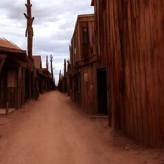 Wild west desert cloudy sky creepy scene wooden wall alley between buildings