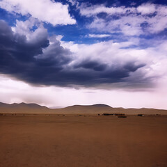Fototapeta na wymiar Wild west desert cloudy sky creepy scene blue sky and red desert sand
