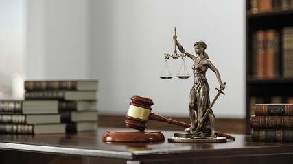 Law Legal System Justice Crime and violence concept. Themis and Gavel. 3d illustration