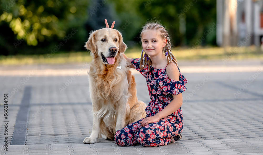 Sticker preteen girl with golden retriever dog