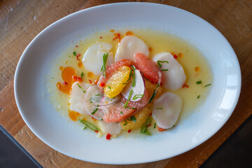 Mexican Food Seafood Crudo Bay Scallops Pickled Vegetables