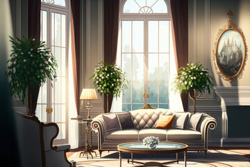 Luxury rich living room interior design with elegant classic furniture and wall decorations. Large light white room with big window. Generative AI