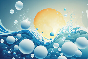 splashes and bubbles on a surface of serene, calm, translucent, blue tone. a modern, abstract background of nature. Water waves with copy space in the sun. Generative AI