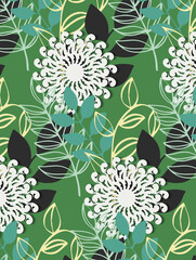 Seamless pattern with leaves on the green background