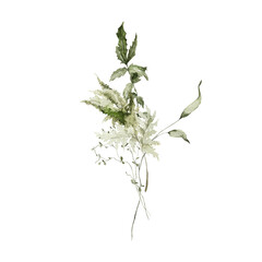 Watercolor floral bouquet. Hand painted set of forest greenery, wildflowers, herbs. Green leaves, branches, foliage isolated on white background. Botanical illustration for design, print or background