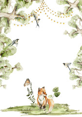 Watercolor nursery card. Hand painted woodland frame of cute baby animals in wild, forest landscape, tree, fox. illustration for baby shower design, birthday party, newborn