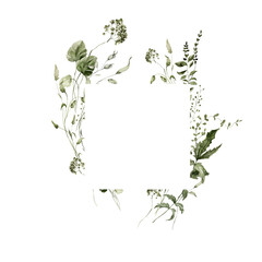 Watercolor floral frame. Hand painted border of forest greenery, wildflowers, herbs. Green leaves, branches, foliage isolated on white background. Botanical illustration for design, print, background
