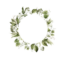 Naklejka premium Watercolor floral frame. Hand painted border of forest greenery, wildflowers, herbs. Green leaves, branches, foliage isolated on white background. Botanical illustration for design, print, background