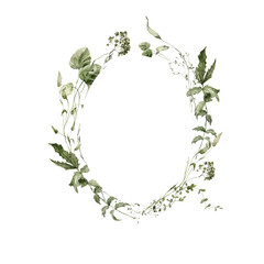 Watercolor floral frame. Hand painted border of forest greenery, wildflowers, herbs. Green leaves, branches, foliage isolated on white background. Botanical illustration for design, print, background