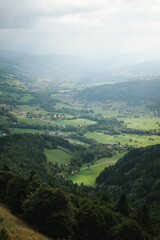 Naklejka premium Majestic mountains in the Alps covered with trees and clouds