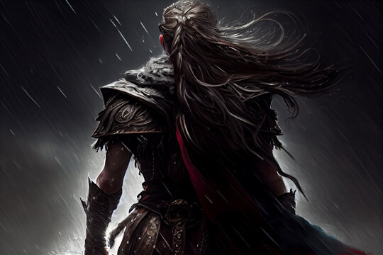 woman warrior back turned entering the storm