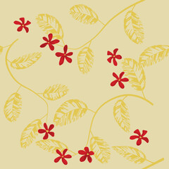 Small red flowers and big yellow leaves, seamless vector pattern