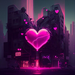 Building in futuristic cyberpunk style with heart in the middle, Generative AI