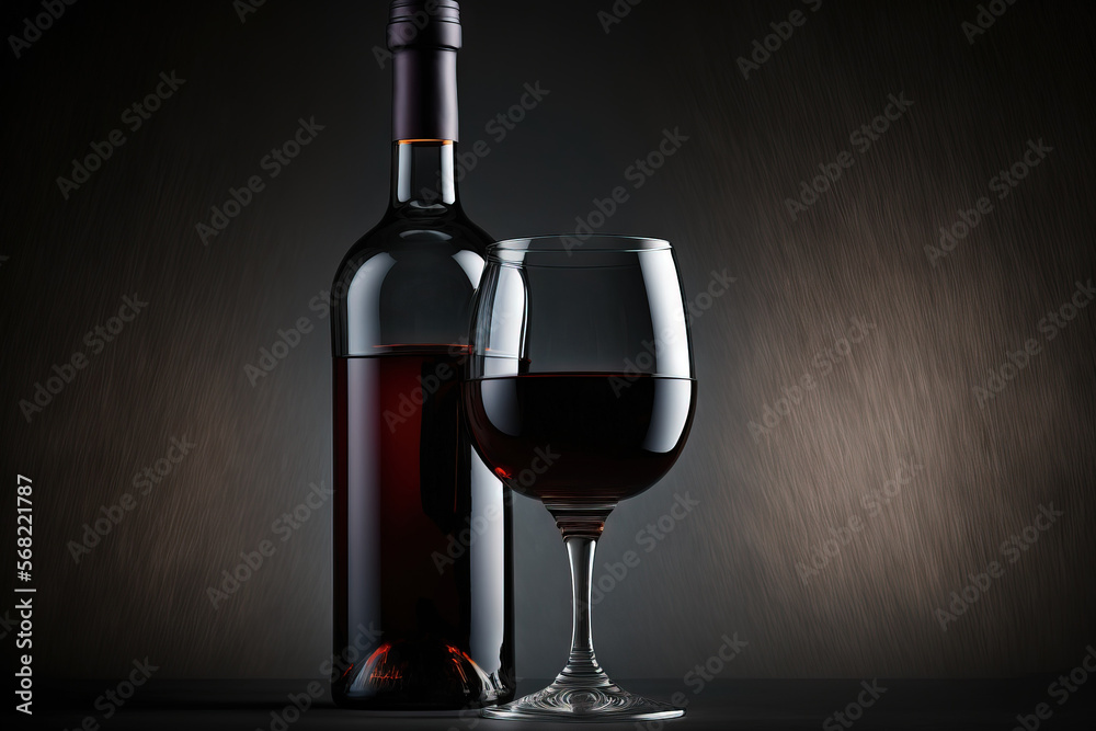 Poster Red wine bottle with glass. For your text, use copy space. Generative AI