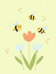 cute postcard with flowers and bees for the holiday