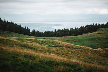 Majestic mountains in the Alps covered with trees and clouds