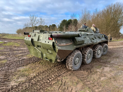 close-up of a Soviet Russian BTR80 BTR-80, 8&times;8 wheeled amphibious armoured personnel carrier 
