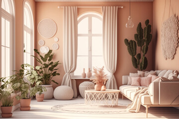 Modern in boho style, living room in pastel beige color 3d render Generative AI